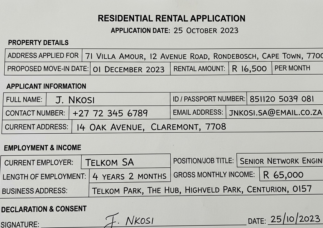 Rental application document